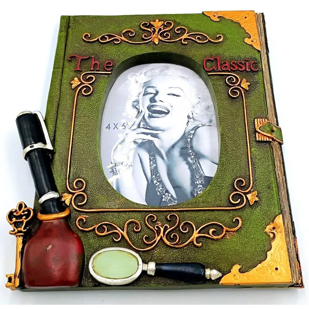 Dark Academia Book 4x6 Oval Photo Frame Resin Green Gold Key Magnifying Glass - Picture 2 of 3